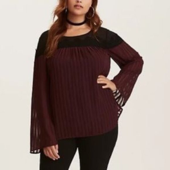 Torrid Burgundy Stripe Lace Bell Sleeve Chiffon Blouse 3X - Picture 1 of 16